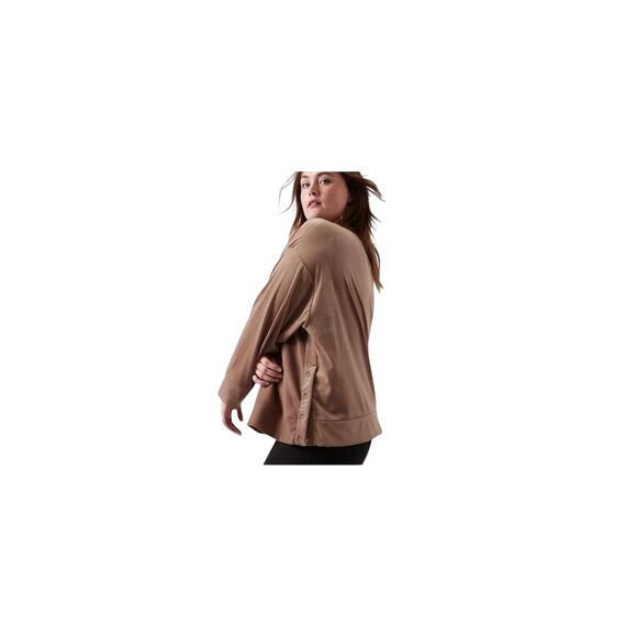ATHLETA Retroplush Velvet Womens Medium Crewneck Sweatshirt Side Snaps Brown - Picture 3 of 10
